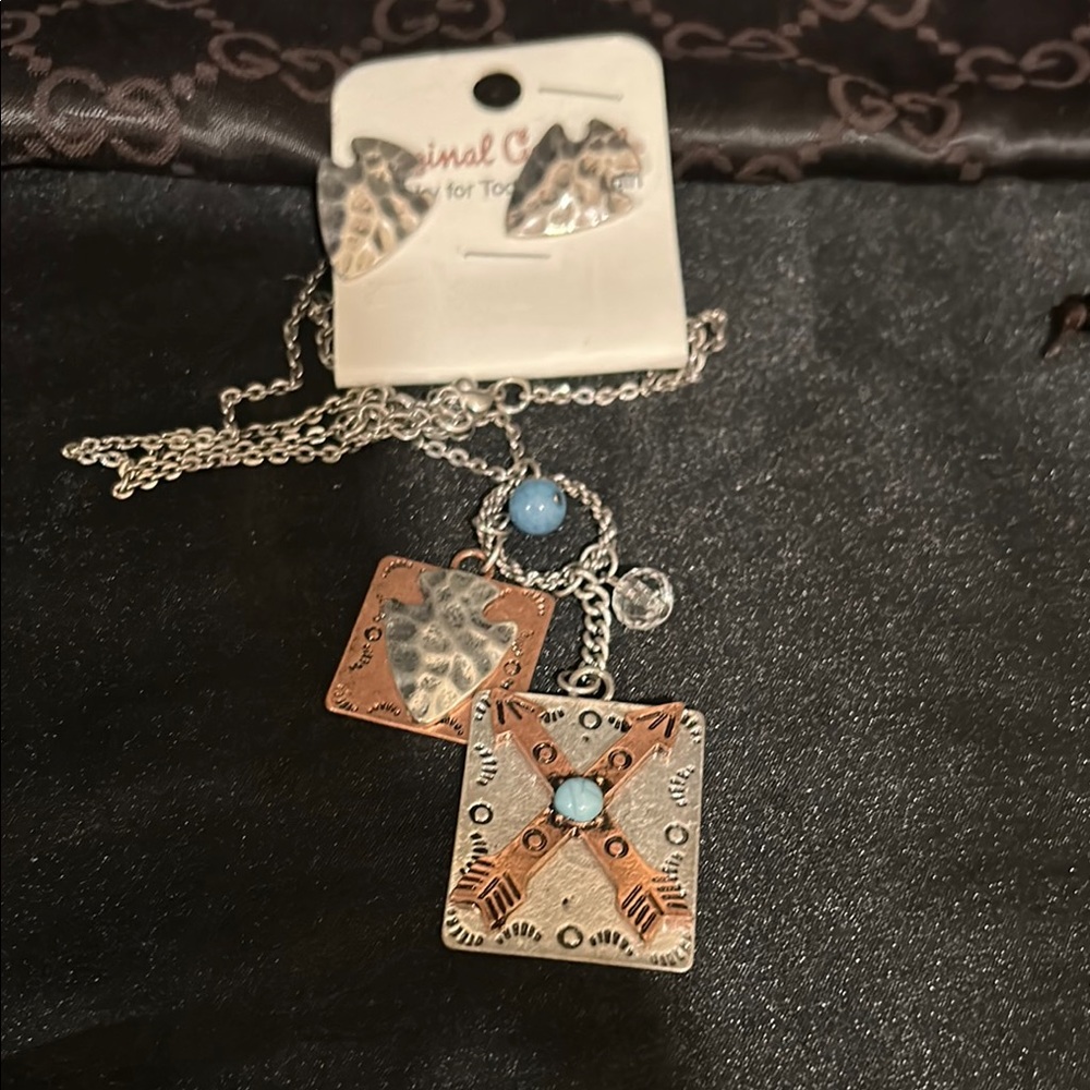 Silver and Copper Pendant Necklace and Earrings with Blue Accents